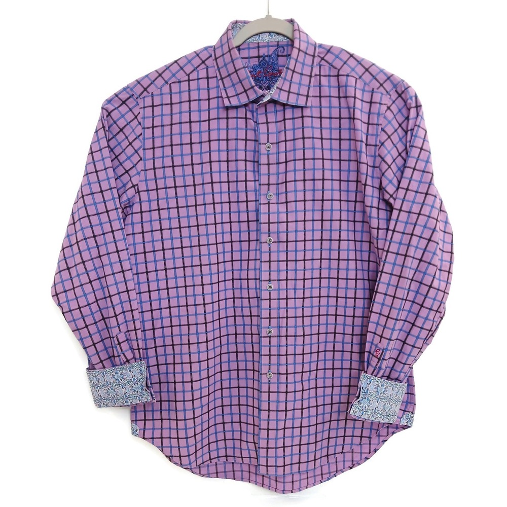 Robert Graham Dress‎ Shirt Mens Large Purple Blue Check Classic Fit Paisley Trim